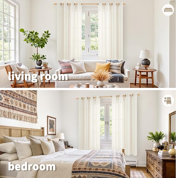 YoungsTex Ivory Linen Curtains 63 Inch Length for Living Room Window, Light Filtering Drapes Rustic Semi Sheer with Bronze Grommet Privacy for Bedroom Farmhouse Decorative, 52 x 63 Inch, 2 Panels