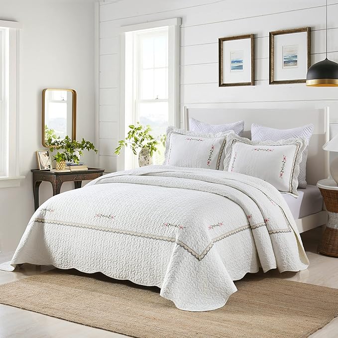 MarCielo 3-Piece 100% Cotton Oversized Bedspread Lightweight Quilt Coverlet Embroidery Farmhouse Bedding Set (Sakura White, Oversized King (118"x106"))