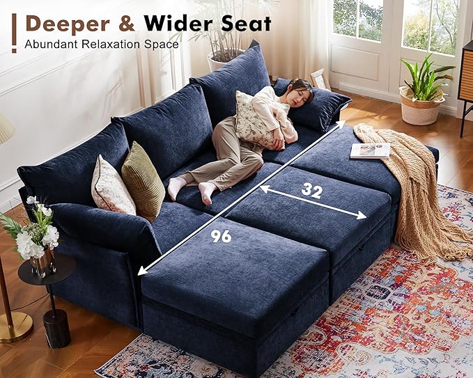ABCASA 102.6" Modular Sectional Sofa, Oversized 3-Seater Blue Couch with Removable Chenille Fabric Cover, Deep Seat & High Backrest for Living Room, Office & Apartment
