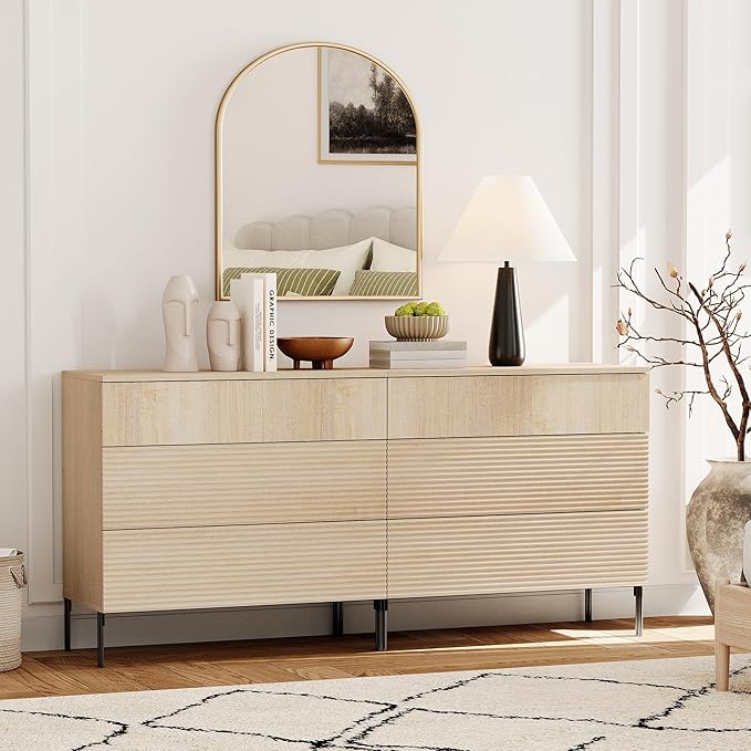 WAMPAT 63" W Fluted Dresser for Bedroom, Modern 6 Drawer Dresser TV Stand with Hidden Handles, Wooden Chest of Drawers Closet Clothes Storage Organizer for Bedroom, Living Room, Beige