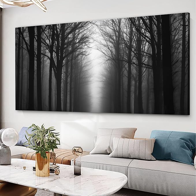 Trogonup Misty Forest Canvas Wall Art Black and Grey Tree Landscape Canvas Print Large Artwork for Living Room Bedroom Office Dining Room 29"x58"