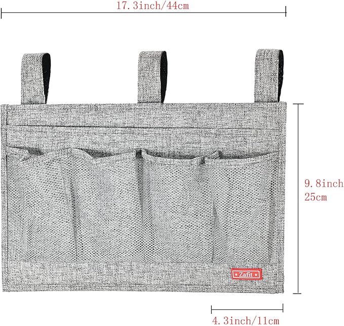 Zafit Linen Bedside Caddy, Bedside Storage Organizer for Hospital Beds, College Dorm Rooms or Baby Bed (6 Pockets-Grey)
