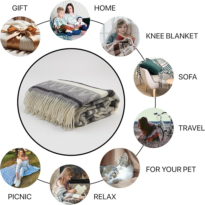 | Wool Blanket/Throw | 100% New Zealand Wool | Perfect for Home and Outdoors | Virgin Wool Throw with Fringes 67"x79" (170 x 200 cm)