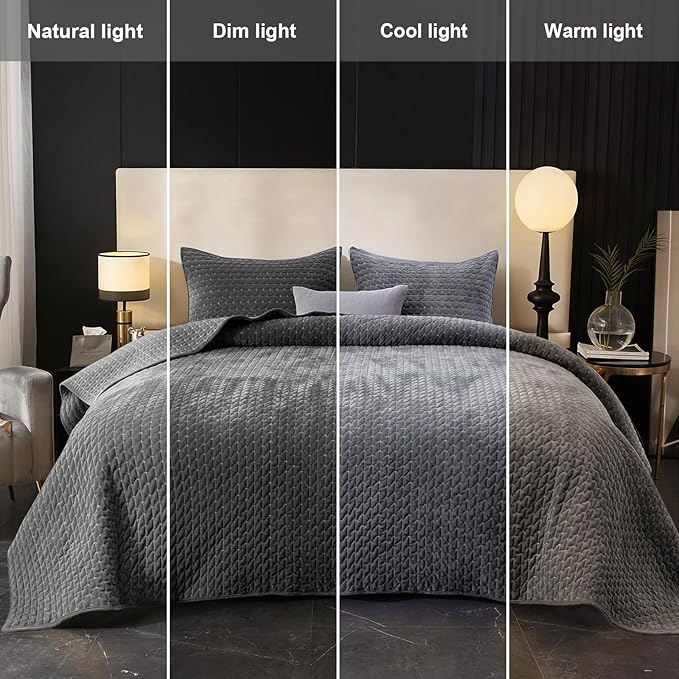 Powdion Velvet Quilt Queen Size, Oversized Bedspread Quilted Bedding Set, Luxurious Coverlet Set Lightweight Velvet Comforter for All Season with Pillow Shams Charcoal Gray, Striped Queen 90x96