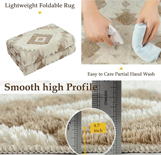 Ivory Brown 6x9 Area Rug Washable Living Room Moroccan Shag Carpet Non Slip Soft Neutral Boho Plush Pile Large Throw Rug for Office Bedroom Dining Room Playroom
