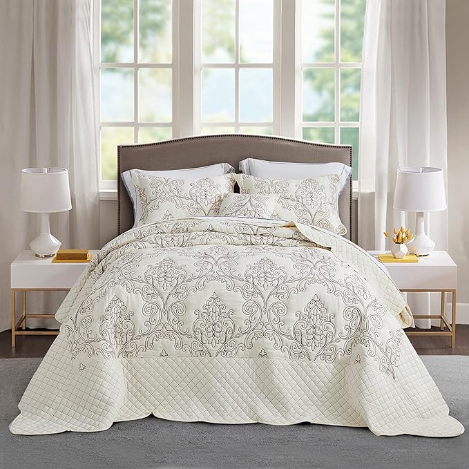 CHIXIN Bedspread Coverlet Set Queen Size - Lightweight Bedding Cover - Beautiful Stitching - 5 Piece Reversible Bedspread - Luxury Damask Paisley Pattern (Queen, Ivory)