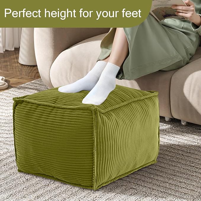MeMoreCool Stuffed Pouf Ottoman Foot Rest Square, Corduroy Floor Pouf Foot Stool with Foam Chunk Filling, Soft Stuffed Ottoman Footrest for Living Room, Green