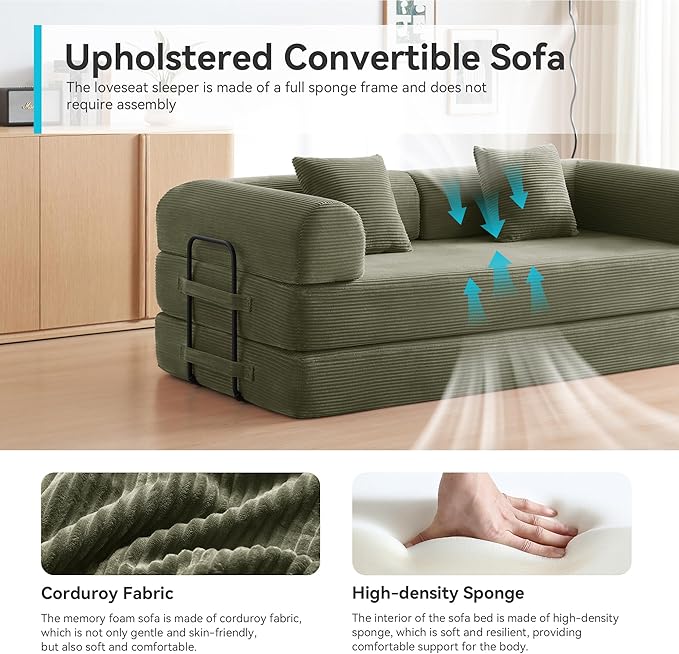 Sleeper Sofa, Comfy Convertible Folding Couch-Futon-Corduroy Fabric Sleeper Sofa Bed with 2 Pillow, Removable Soft Cushion for Small Living Room Dorm/Bedroom/College/Office (Light Green)