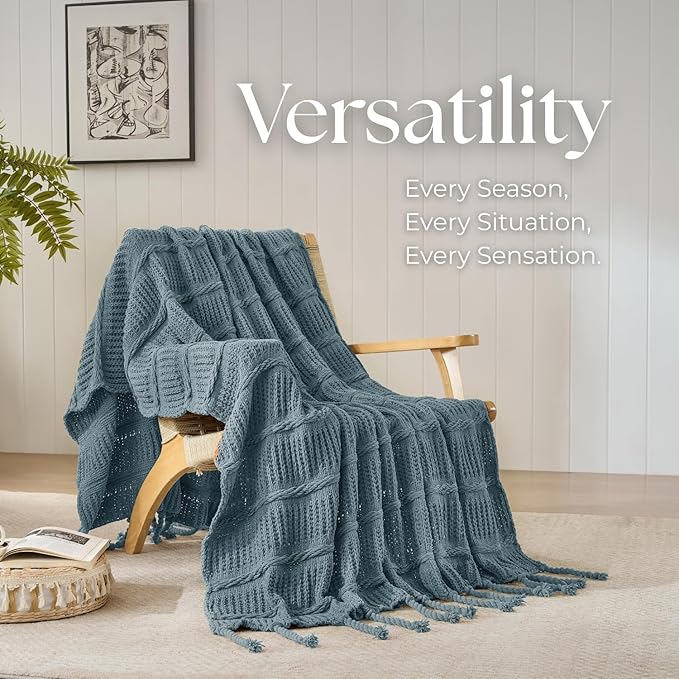 Boho Knitted Chenille Blanket with Tassels - Lightweight & Soft All-Season Throw - 3D Classic Pattern for Living Room Bedroom Couch, Celestial Blue, Twin 60"x80"