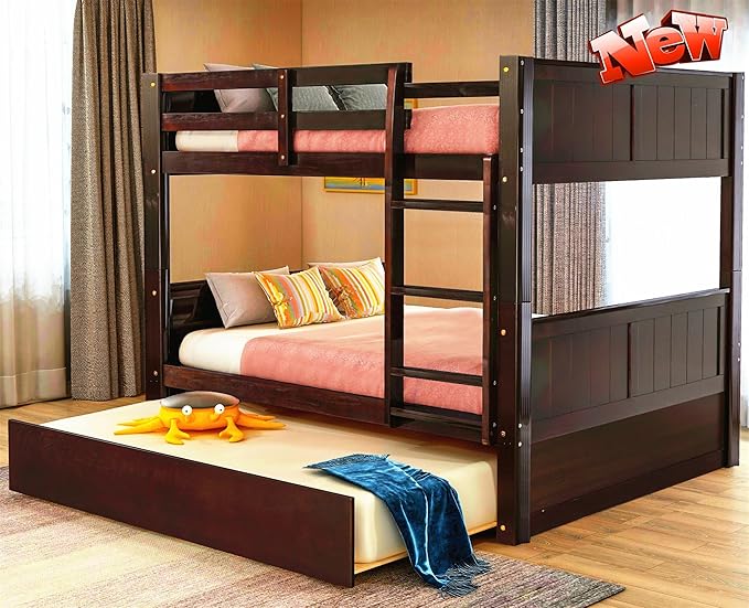 TSAMPA Latest Upgraded & Stronger Heavy Duty Solid Wood Full Over Full Bunk Bed with Trundle, Thickened Safer Convertible Bunkbed Frame (Easier to Assemble) (Espresso)