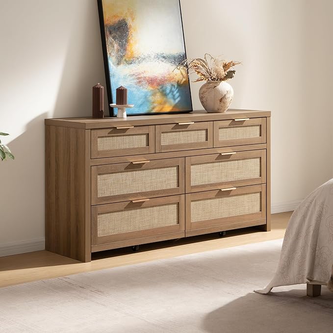 SICOTAS 7 Drawer Dresser for Bedroom, 57" Wide Rattan Dressers, Large Chest of Drawers for Bedroom, Dresser TV Stand, Boho Closet Organizer (Reclaimed Caramel Oak, 7 Drawers (1 pc))