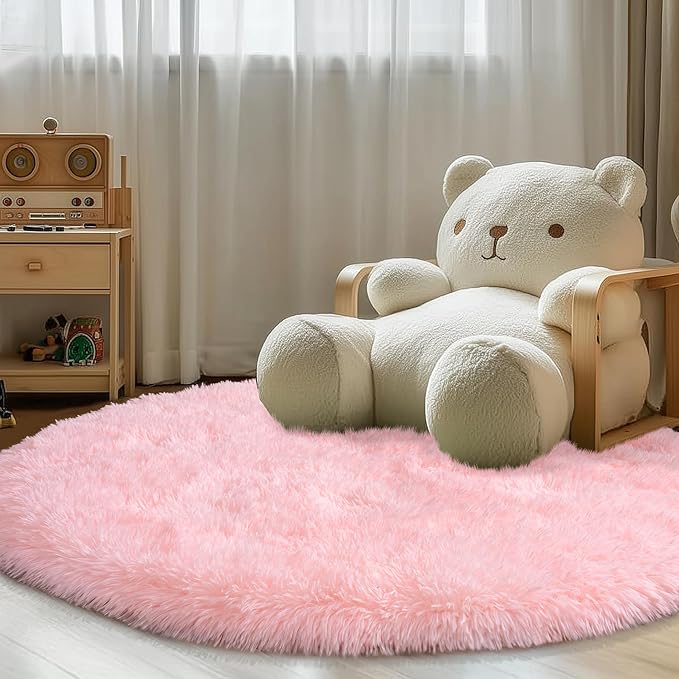 Round Fluffy Pink Rug for Bedroom, 5Ft Fuzzy Shag Circle Area Rug for Girls Kids Room Nursery, Soft Non Slip Plush Carpet for Dorm Living Room Home Decor