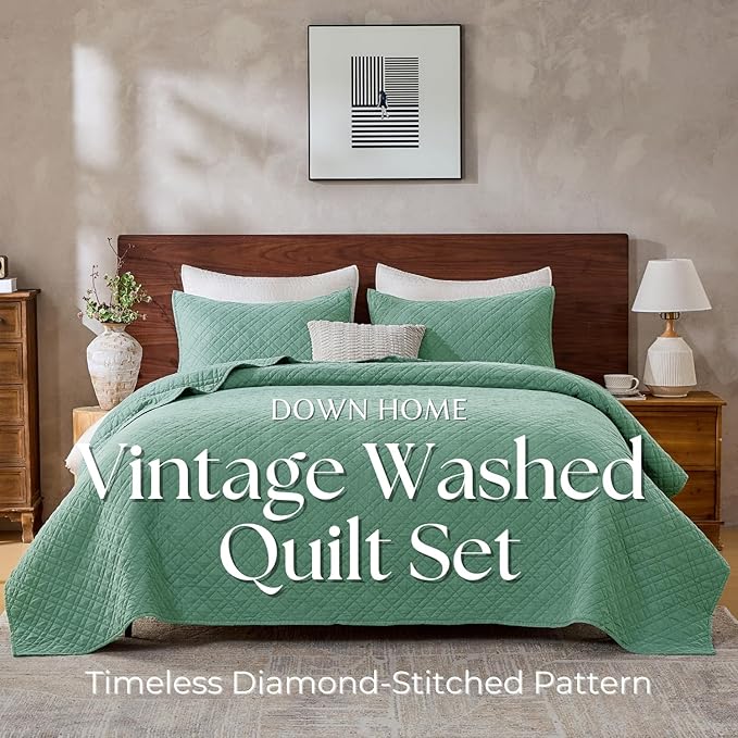 Cali King Quilt Set with Shams Lightweight Quilted Bedspread Coverlet Thin Comforter Bed Cover Vintage Washed Quilted Blanket for All Season, Brushed Microfiber Diamond Stitching, Green, 111"x92"