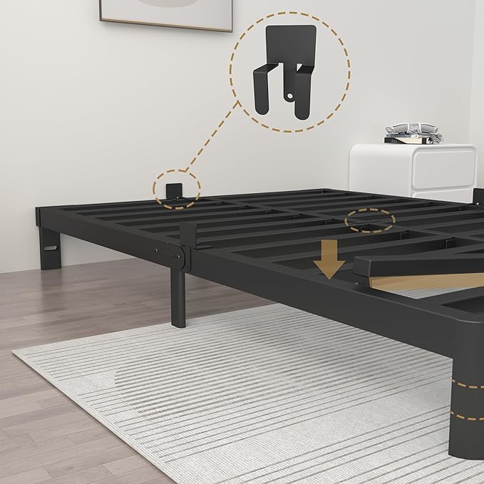 ITIMIDI 6 Inch Black Queen Bed Frame with Metal Gaskets, No Box Spring Needed, Heavy Duty Steel Slat Support, DIY Headboard, Anti-Slip Mattress Stopper, Round Corner Leg, Easy Assembly