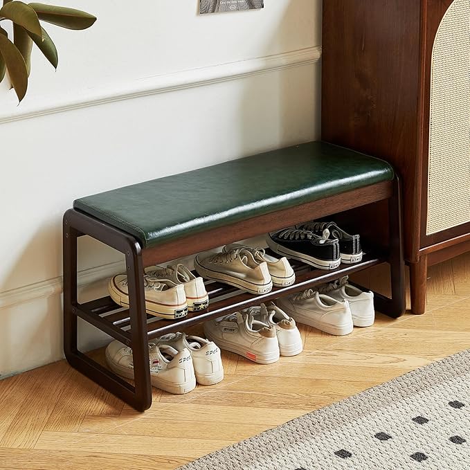 Solid Wood Shoe Bench, 2-Tier Wooden Storage Entryway Bench, Mid-Century Modern Shoe Bench Rack, End of Bed Bench with Faux Leather Cushion, Ottoman Bench for Hallway, Living Room (Walnut, 39.7'')