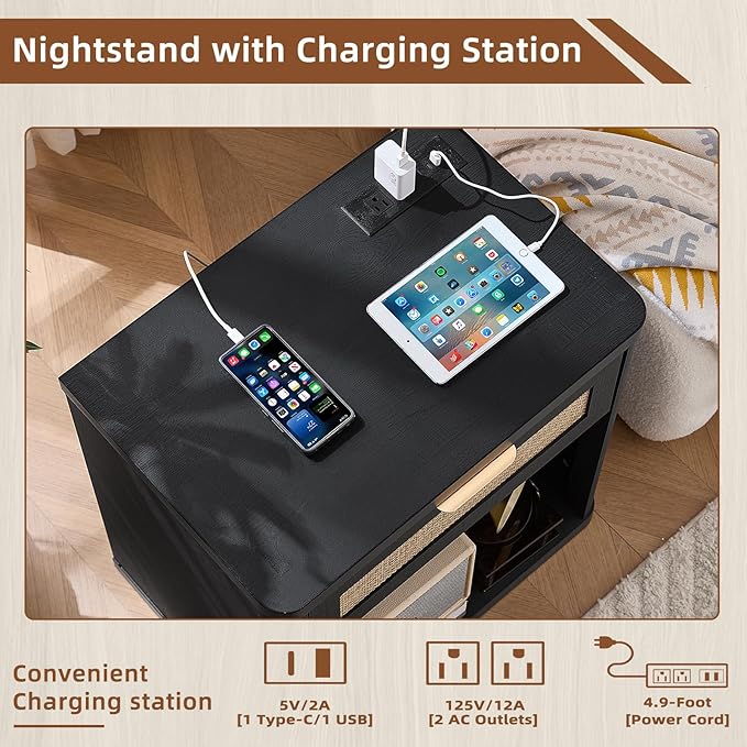 LEYAOYAO Rattan Nightstand with Charging Station, Black Night Stand with Drawer, 23" Wide Boho Bedside Table with Storage Shelf, Bed Side End Tables for Bedroom, Living Room, Hallway