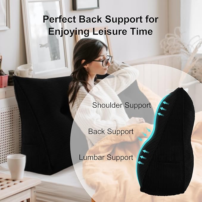 WOWMAX 100% Cotton Corduroy Headboard Pillow – California King Size Back Support Reading Wedge for Bed & Daybed, Plush Handmade Bolster Cushion with Removable Cover, Cozy Bed Rest Pillow, Black
