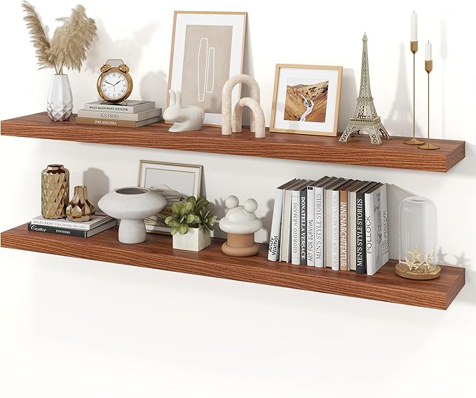 Floating Shelves for Wall, 9.3" Deep Wall Mounted Wood Shelves for Bathroom, Bedroom, Living Room, Kitchen, Hanging Shelf for Books/Storage/Room Decor (Walnut, 55")