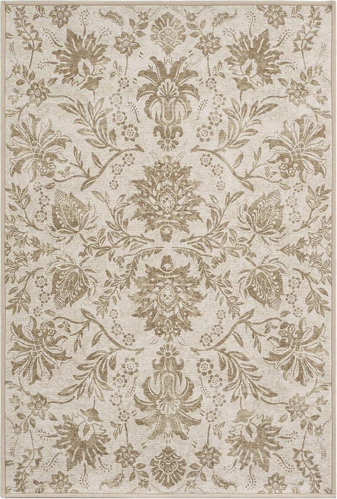 jinchan Torino 2x3 Washable Rugs for Entryway, Vintage-Inspired Floral Neutral Design Non-Slip Low-Pile Doormat, Ultra-Thin Indoor Traditional Accent Carpet for Entrance Bathroom Bedroom, Taupe