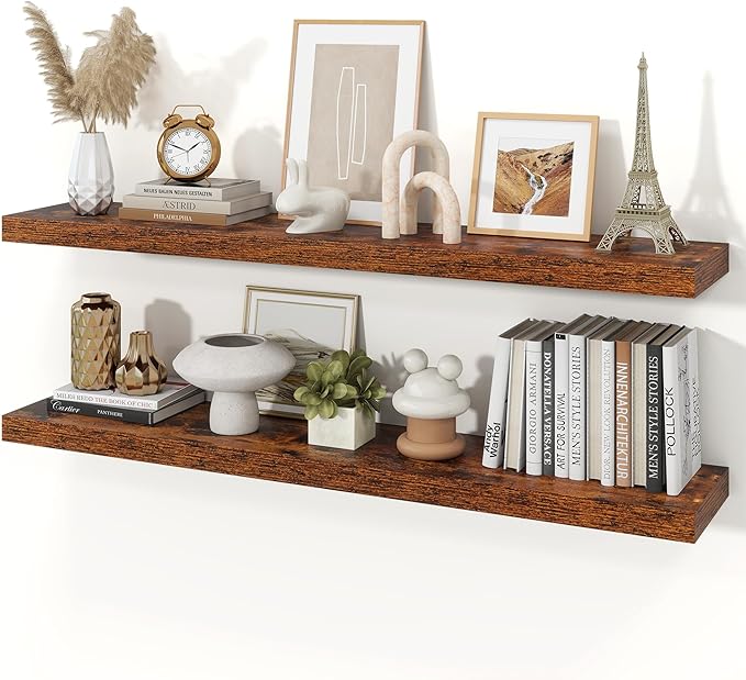 Floating Shelves for Wall, 9.3" Deep Wall Mounted Wood Shelves for Bathroom, Bedroom, Living Room, Kitchen, Hanging Shelf for Books/Storage/Room Decor (Brown, 48")