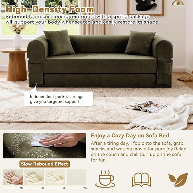 Convertible Folding Sofa Bed,78.5 Inch Faux Leather Futon Couch with Pillows & Storage Pocket,5-in-1 Queen Sleeper Sofa in a Box with Pull Out Bed,Boneless Couch for Living Room Bedroom,Green