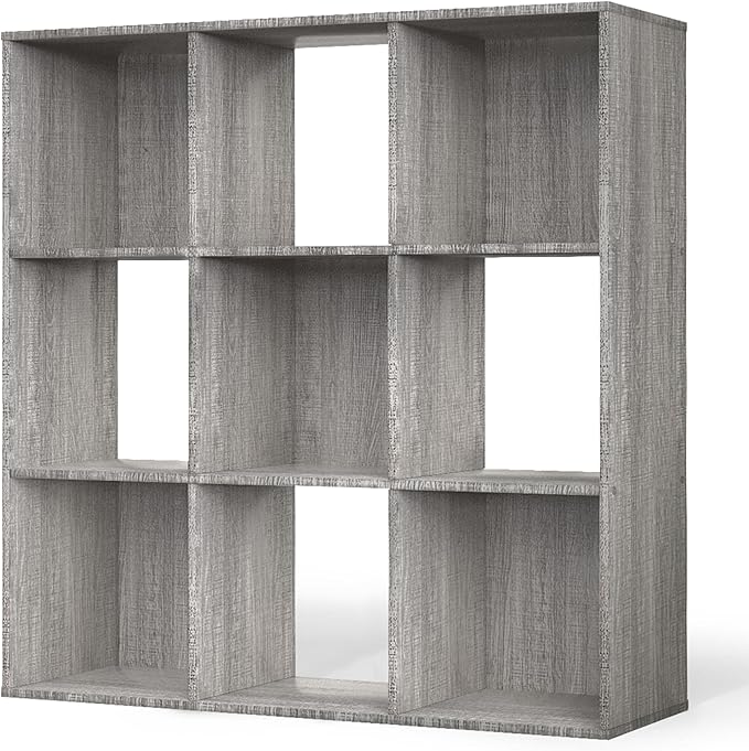 CAPHAUS Sturdy Room 11-Inch Cube Storage Organizer Shelf, with Thick Exterior Edge, Storage Shelf Divider w/Back, Bookcase, 9-Cube, Greige Oak