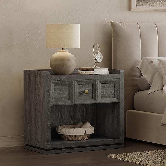 SICOTAS Night Stand Set 2, 26" Wide Nightstands with Drawer, Large Queen Size Nightstands Set of 2, Modern Bedside Table for Bedroom, Side End Table (Dark Grey Oak, 26-Inch)