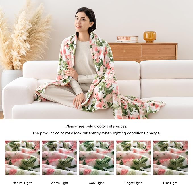 Luxury Printed Fleece Warm Blanket, Soft Lightweight Velvety Plush Throw for Couch and Bed, Cozy Comfy for All Seasons(Ivory Pink Flowers, 108×90 Inches)