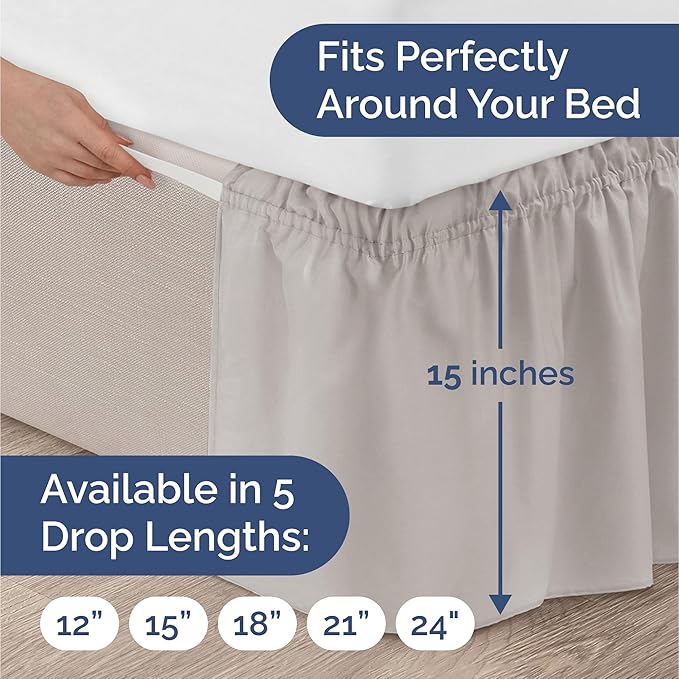 Wrap Around Dust Ruffle Bed Skirt - Light Grey - for Full Size Beds with 15 Inch Drop - Elastic Strap - Adjustable Pleated Bedskirt with Brushed Fabric and Wrinkle Free - for Women, Men, Kids & Teens
