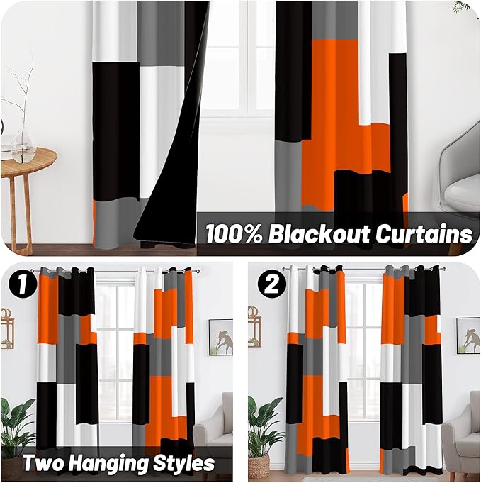 Orange 100% Blackout Curtains for Bedroom 108 inch Extra Long 2 Panels Set Black White Grey Modern Abstract Geometric Black Out Curtains Room Darkening Window Drapes for Living Room, 52Wx108L