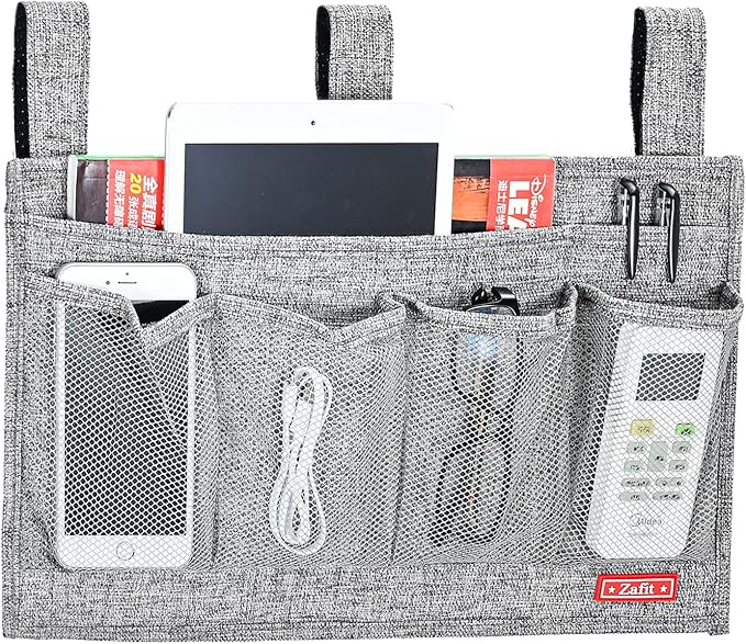 Zafit Linen Bedside Caddy, Bedside Storage Organizer for Hospital Beds, College Dorm Rooms or Baby Bed (6 Pockets-Grey)