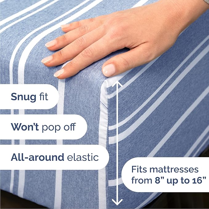 Queen 6 Piece Sheet Set - Cooling, Comfy & Breathable - Hotel Luxury Bedding, Includes Fitted Sheet for Women, Men, Kids & Teens - 1 Flat, 1 Fitted Sheet, 4 Pillowcases w/Deep Pockets - Blue Stripes