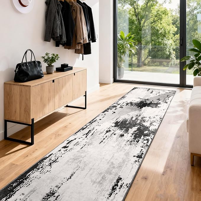Machine Washable Runner Rug 2x6: Non Slip Hallway Rug Low Pile Kitchen Runner Soft Abstract Rug with Rubber Backing for Entryway Bedroom Bathroom Farmhouse Laundry Living Room Black White 2x6