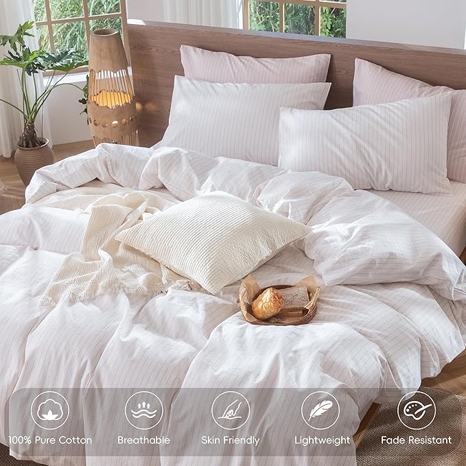 MooMee Striped Duvet Cover Set 100% Washed Cotton Linen Like Textured Breathable Durable Soft Comfy (White Heathered Greyish Pink Wide Stripes, Full 80"x90")