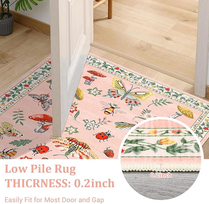 Mushroom Insect 8x10 Area Rugs, Washable Rugs for Living Room Non Slip Stain Resistant Low Pile Modern Butterfly Carpet for Bedroom Dining Room Nursery Playroom Office, Light Pink