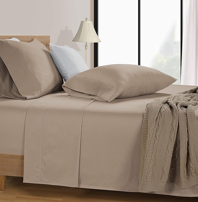 Lane Linen 100% Cotton Bed Sheets – 600 Thread Count Cooling Sheets Queen, Durable Daily Use Bedding, Value Comfort for Nightly Rest, Hotel Sateen Finish, Snug Fit 15" Deep Pocket Fitted Sheet – Taupe