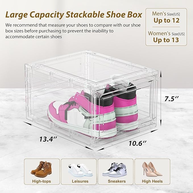 10 Pack Extra XX Large Hard Plastic Clear Stackable Shoe Storage Box Organizer for Closet, Thicken Sturdy Sneaker Shoe Rack Display Case Containers Bins with Lids and Magnetic Door, Clear