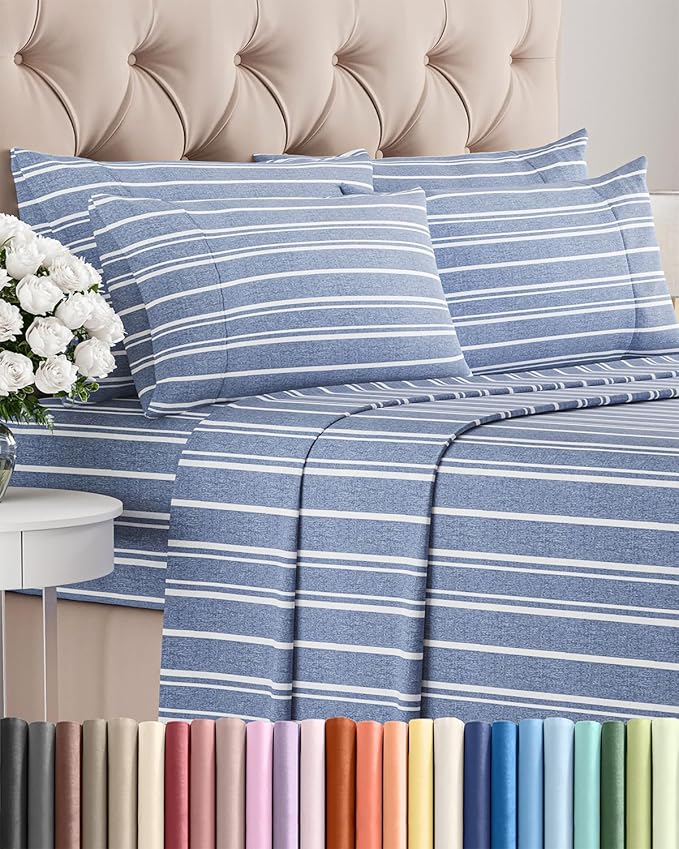 King 6 Piece Sheet Set - Cooling, Comfy & Breathable - Hotel Luxury Bedding, Includes Fitted Sheet for Women, Men, Kids & Teens - 1 Flat, 1 Fitted Sheet, 4 Pillowcases w/Deep Pockets - Blue Stripes
