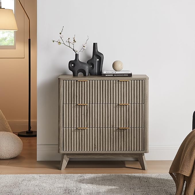T4TREAM Fluted 3 Drawers Nightstand, Oversized Extra Large Modern Side Table, End Table Bedside for Bedroom, Living Room, Curved Profile Design, Grey Alder