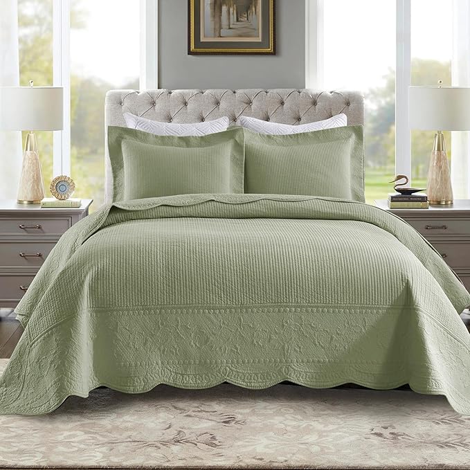 MarCielo 3-Piece 100% Cotton Oversized Bedspread Lightweight Quilt Coverlet Embroidery Farmhouse Bedding Set (TG Pale Green, Oversized King (118"x106"))