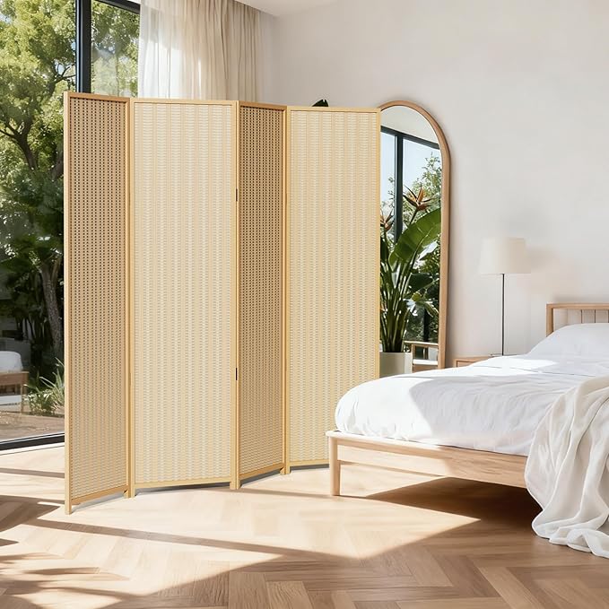 4 Panel Room Divider and Extra Wide Folding Privacy Screen, 63" W x 67" H, Bamboo Room Divider for Room Separation