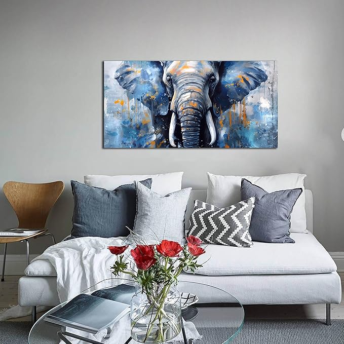 ENTANUB Elephant Wall Art for Lving room, Animal Canvas Wall Decor for Bedroom, Blue Picture Print Arwork, Size 20x40 Inches
