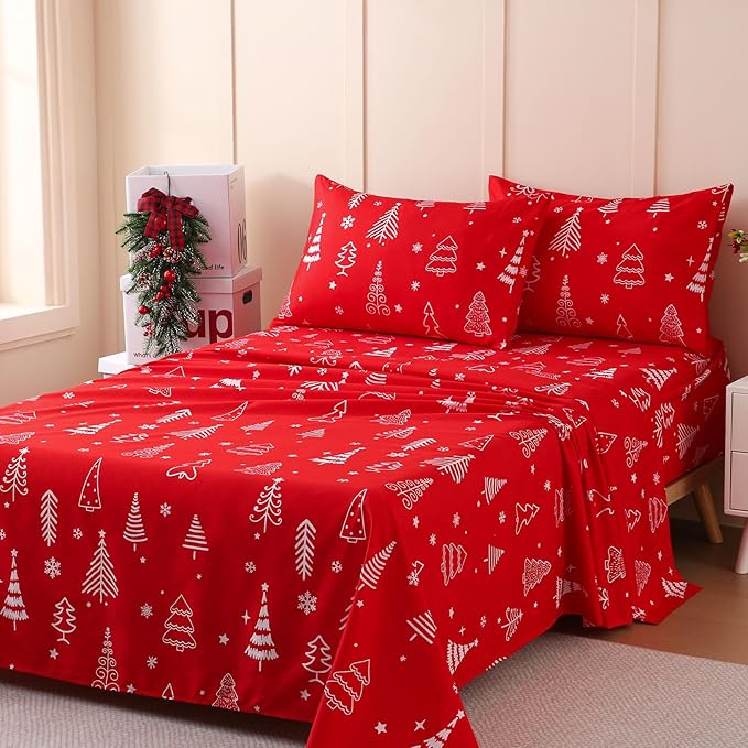 JSD Red Christmas Tree Kids Sheet Set Full Size, 4 Piece Soft Printed Microfiber Sheets Deep Pocket