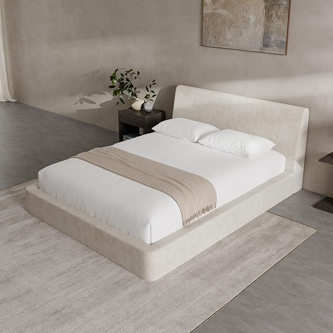 RECCI Cloud Queen Bed Frame with Ergonomic Angled Foam Cushioned Headboard, Minimalist Design Platform Bed Frame, No Box Spring Needed, Easy Assembly (Beige)