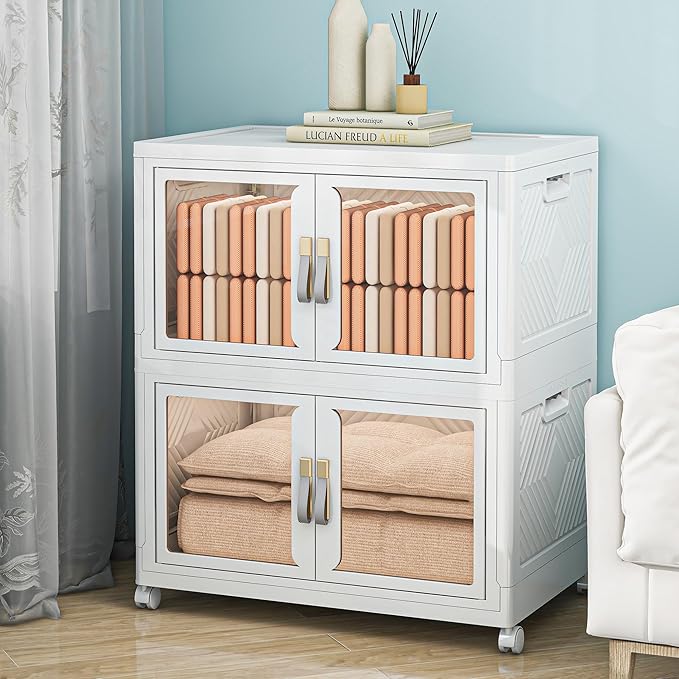 Large Stackable Storage Bins with Lids, 330QT-165QT*2Tier Foldable Cabinet for Closet Organizers, Plastic Storage Containers Box with Wheels
