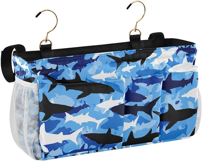 Bedside Caddy Hanging Bunk Bed Caddy Bed Organizer Hanging Pocket with 2 Hooks Bedside Storage Organizer Pocket Bag Holder Marine Bright Sky Blue Shark