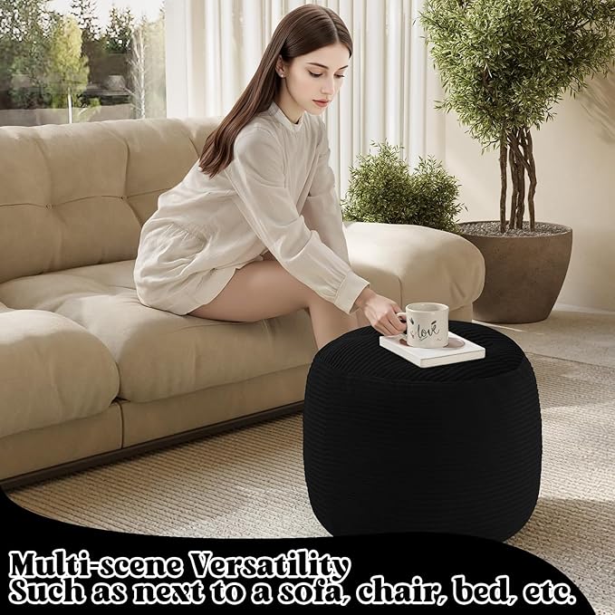 MeMoreCool Stuffed Round Pouf Ottoman Foot Rest, Floor Pouf Foot Stool with Soft Foam Chunk Filling, Round Small Ottoman Footstool Circle Footrest for Couch Living Room, Corduroy Black