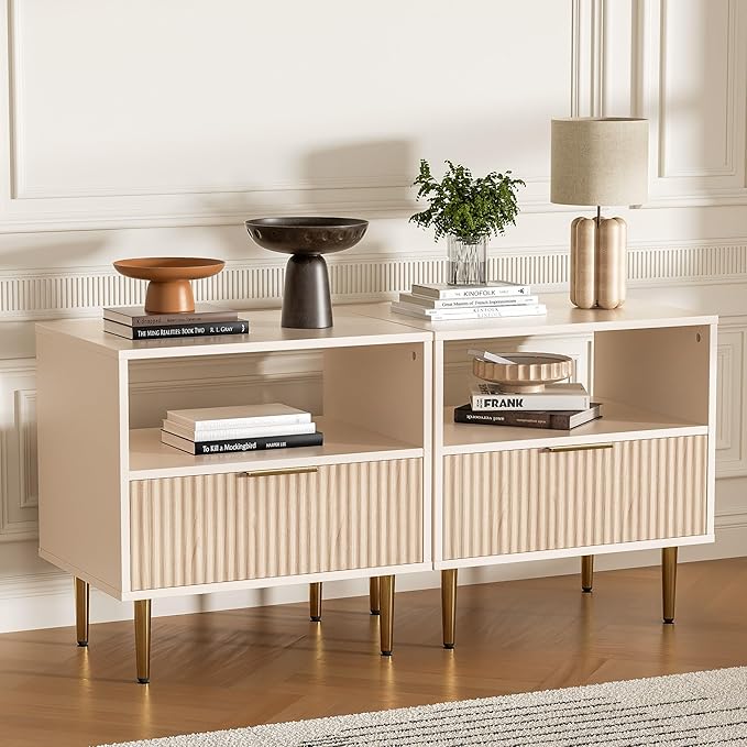 Nightstand with Drawer, End Table with Storage, Side Table with Open Space, Bed Side Table for Bedroom, Modern Nightstand with Golden Handle for Bedroom, Living Room, Oak