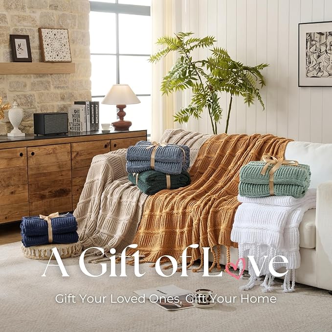 Boho Knitted Chenille Blanket with Tassels - Lightweight & Soft All-Season Throw - 3D Classic Pattern for Living Room Bedroom Couch, Amber Brown, Queen 90"x90"