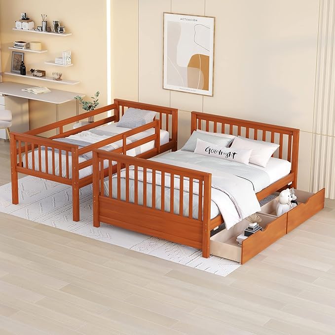 Merax Wood Bunk Bed with Drawers,Convertible Wood Bunk Bed with Ladders and Two Storage Drawers,Solid Wood Detachable Bed Frame with Ladders,Twin Over Full Size,Walnut